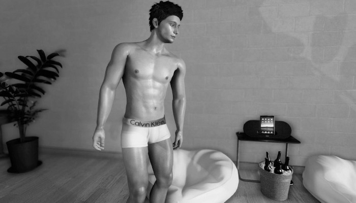 Avatar maschile in biancheria intima, in bianco e nero, accanto a un letto.