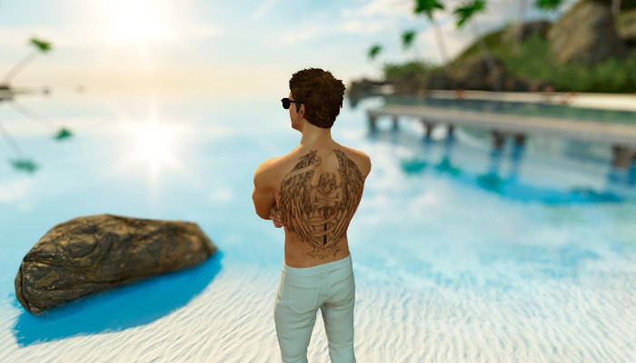 Avatar maschile con pantaloni chiari su una costa tropicale.