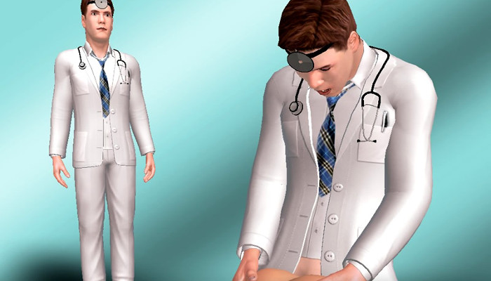 Personaggio maschile con camice medico bianco e stetoscopio.
