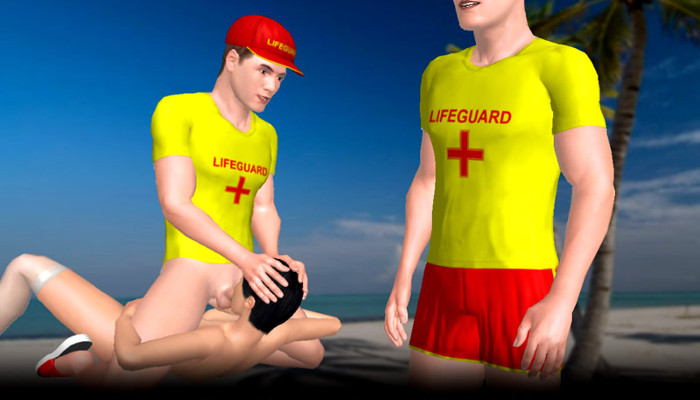 Avatar vestiti da bagnini in una scena di ruolo sulla spiaggia.