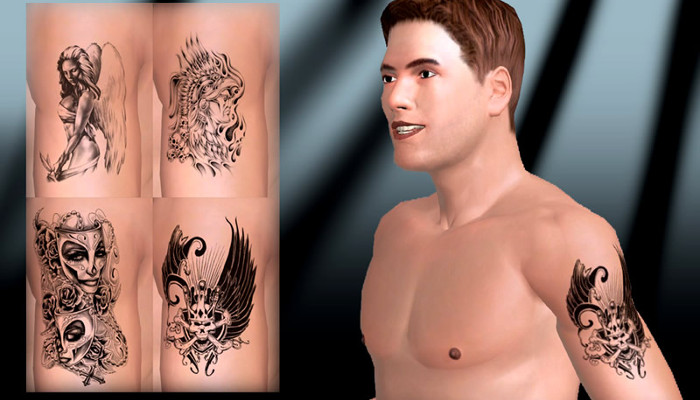 Avatar maschile accanto a un pannello di tatuaggi selezionabili.