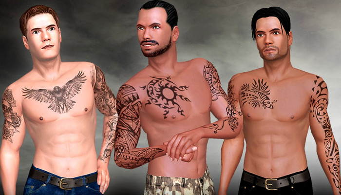 Tre avatar maschili a torso nudo mostrano tatuaggi sul petto.