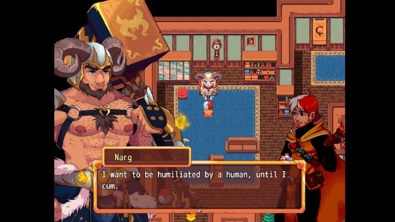 Dialogo di un RPG in pixel art all'interno di una taverna fantasy.