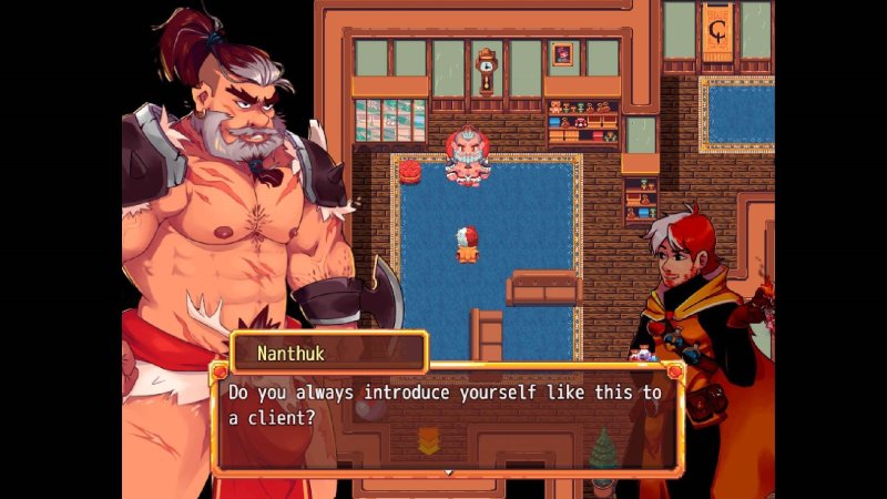 Schermata di dialogo RPG con ritratto di un personaggio molto muscoloso.