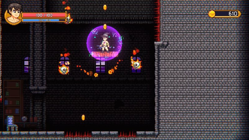 Personaggio in pixel art in un'area sotterranea a piattaforme.
