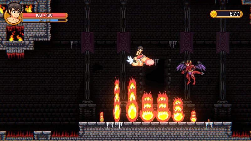 Combattimento a scorrimento laterale con fiamme e nemici fantasy.