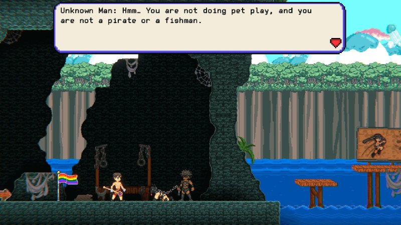 Dialogo in pixel art con silhouette di un personaggio sotto un arco.