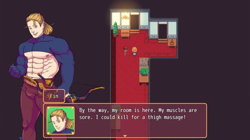 Conversazione in pixel art con un guerriero muscoloso al chiuso.