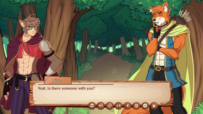 Dialogo di visual novel furry con due personaggi animali in un bosco.