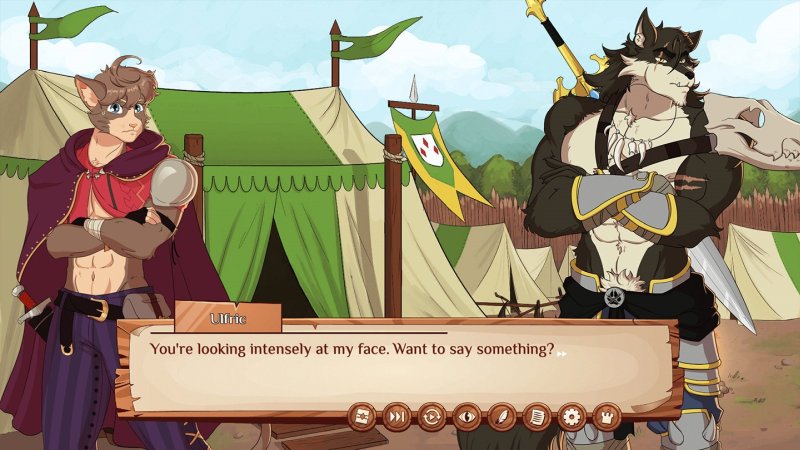 Avventurieri fantasy illustrati che parlano vicino a un accampamento.