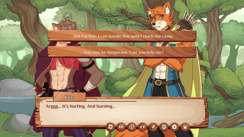 Dialogo di una visual novel fantasy furry in un paesaggio boschivo.