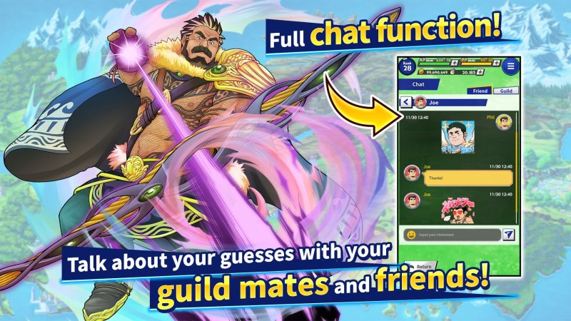 Interfaccia di chat del gioco con illustrazione di una squadra multigiocatore.