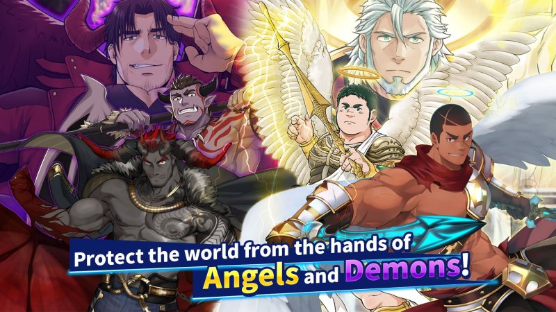 Personaggi maschili illustrati con elementi angelici e demoniaci.
