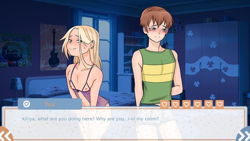 Dialogo di visual novel in stile anime con due personaggi in un ambiente interno.