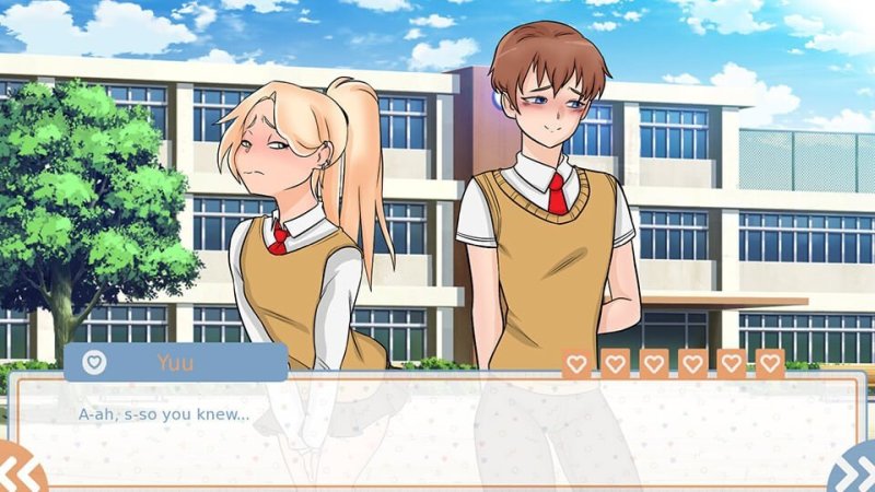 Dialogo di visual novel tra personaggi anime illustrati.