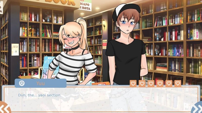 Conversazione con un personaggio anime in una stanza piena di libri.