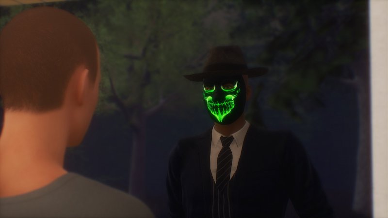 Personaggio adulto 3D con maschera luminosa in una stanza buia.