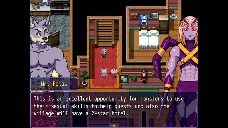 Dialogo RPG tra due personaggi fantasy antropomorfi illustrati.