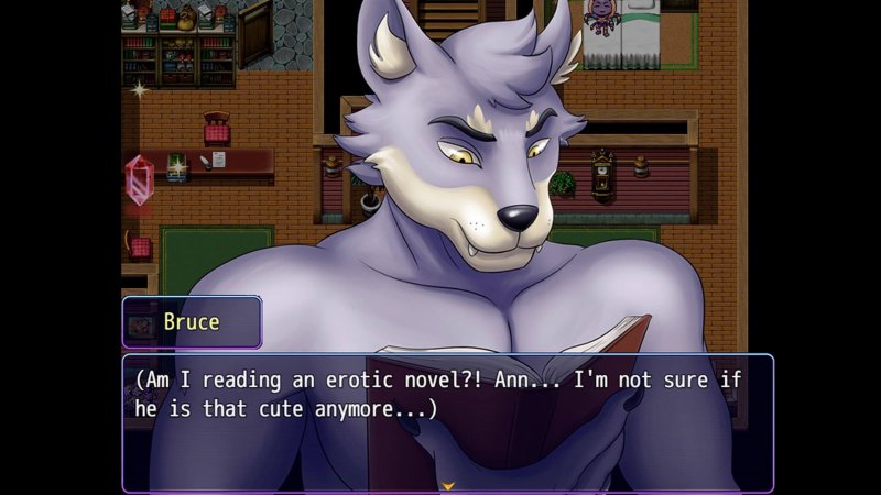 Ritratto di personaggio furry adulto durante una conversazione da visual novel.
