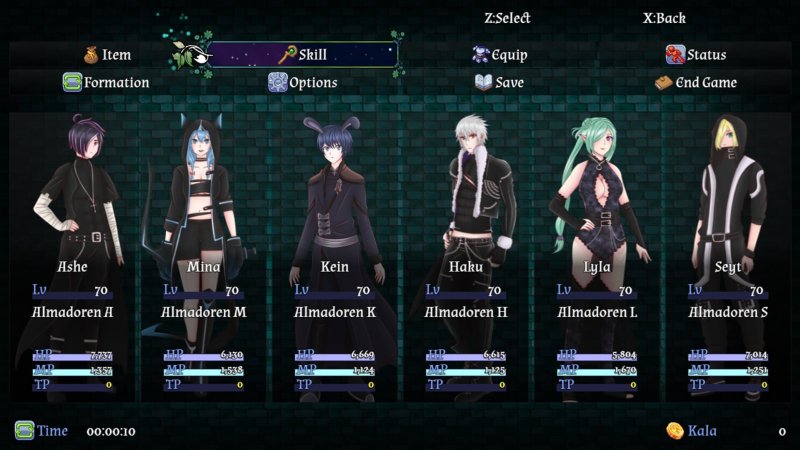 Schermata RPG con avventurieri maschili e femminili in un'ambientazione dark fantasy.