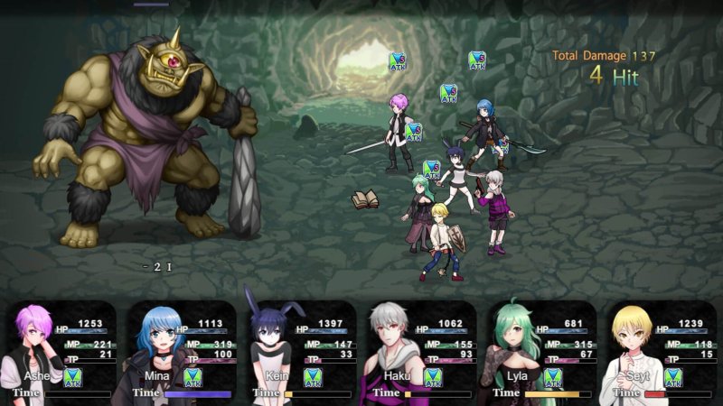 Combattimento RPG fantasy visto dall'alto con icone della squadra e nemico principale.