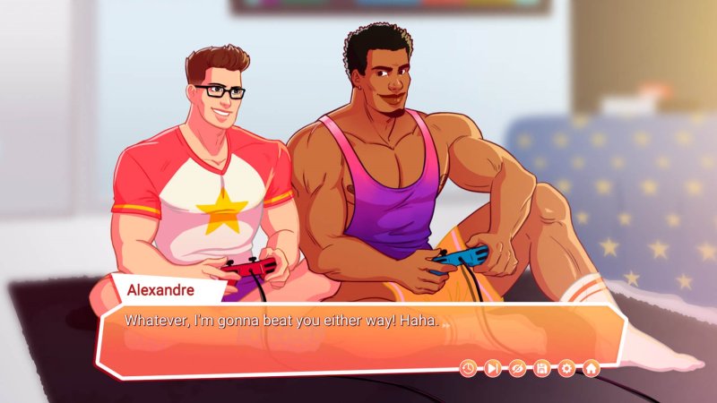 Dialogo di visual novel bara tra personaggi maschili muscolosi.