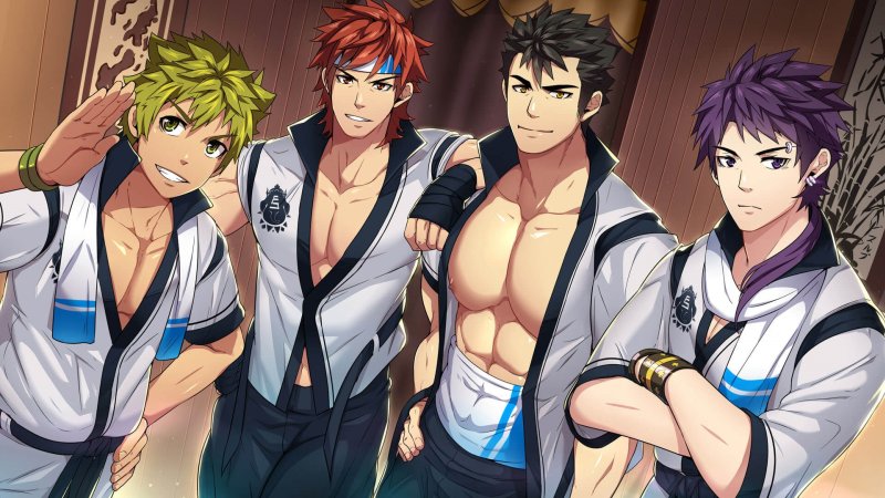 Quattro personaggi maschili di visual novel con camicie bianche.