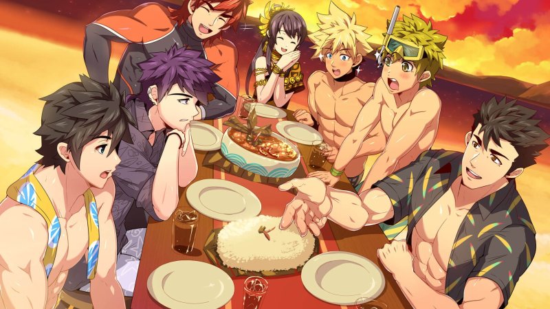 Gruppo di personaggi maschili in stile anime che condividono un pasto.