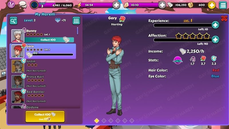 Interfaccia della squadra e dell'avanzamento dei personaggi di Gay Harem.