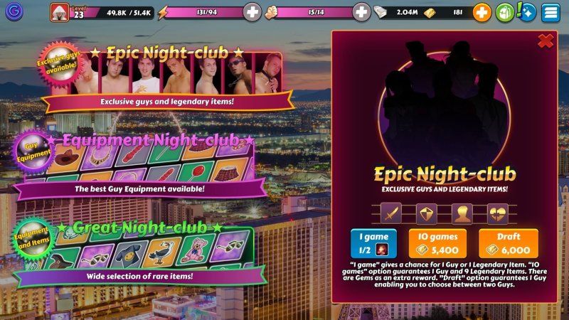Schermata di competizione del gioco per adulti con scheda di un modello maschile.