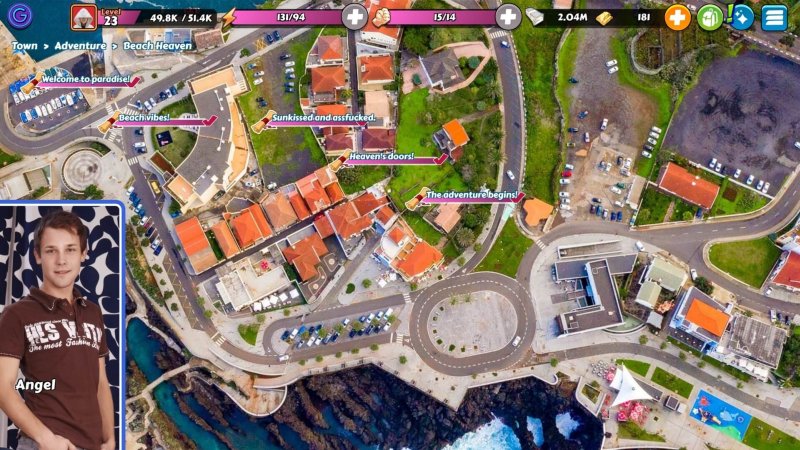 Mappa urbana di gioco nel browser vista dall'alto con icone.