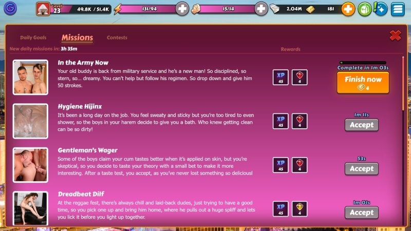 Menu delle attività e delle scelte di gioco con foto dei personaggi maschili.