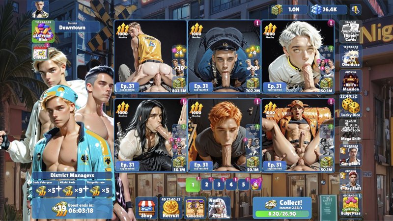 Schede dei personaggi maschili nell'interfaccia di un gioco idle per adulti.