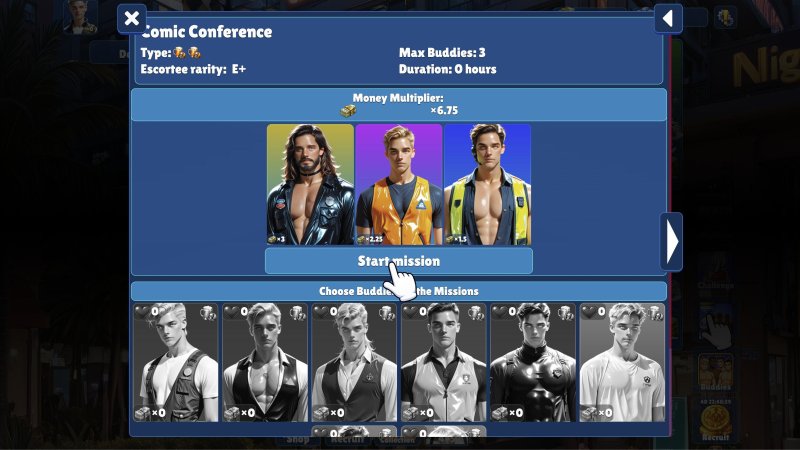 Schermata delle ricompense e scelta dei personaggi del gioco idle.