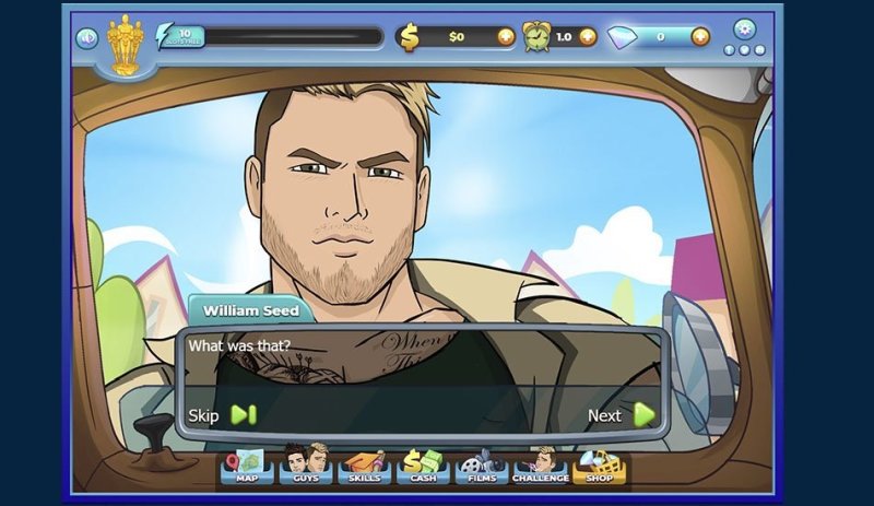 Personaggio maschile disegnato che parla nell'interfaccia di un gioco di incontri.