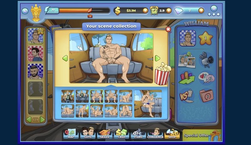 Scelta del personaggio maschile e scena romantica in un clicker.