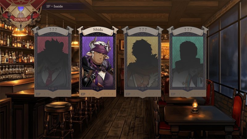 Interno di una taverna fantasy illustrata con schermata di scelta dei personaggi.
