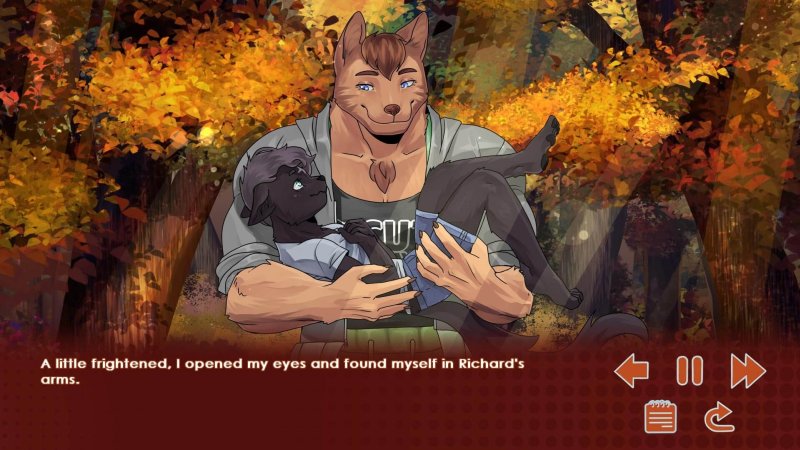 Personaggio furry maschile che legge all'aperto in autunno in Run, Kitty! Special Edition.