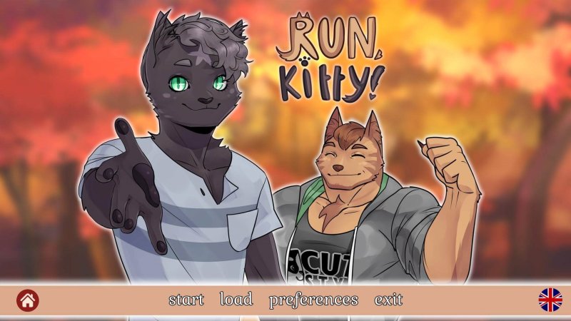 Schermata iniziale di Run, Kitty! con due personaggi animali maschili disegnati.