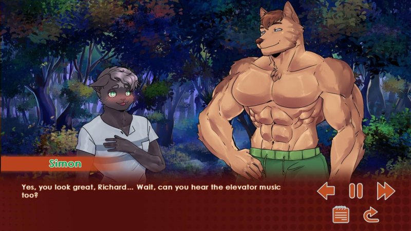 Due personaggi furry maschili parlano in un bosco notturno.