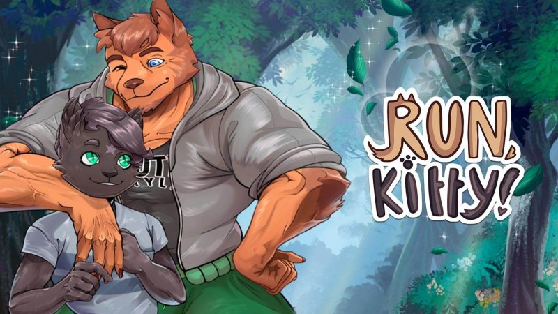 Copertina illustrata di Run, Kitty! con personaggi maschili lupo e gatto.