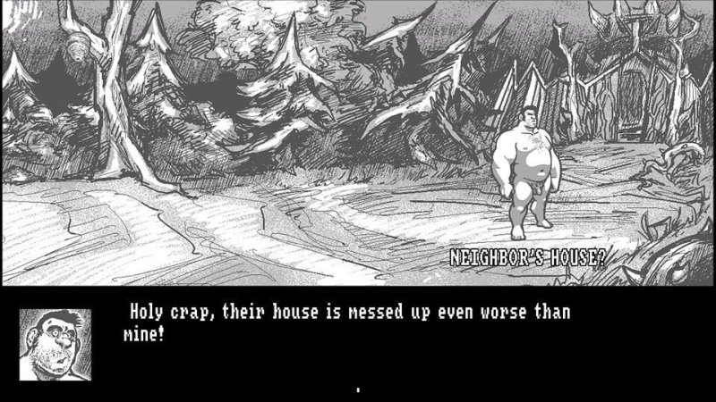 Villaggio medievale monocromatico in un gioco di avventura grafica.