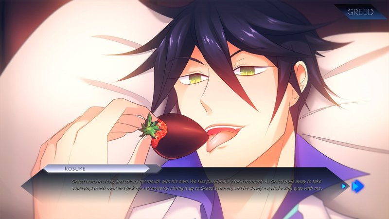 Ritratto di personaggio maschile adulto in stile anime con dialogo romantico.