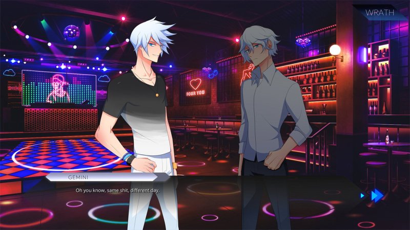 Due personaggi maschili parlano in un bar illuminato al neon.