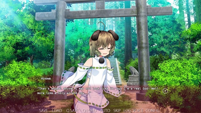Cortile di un santuario e personaggio di visual novel in primo piano.