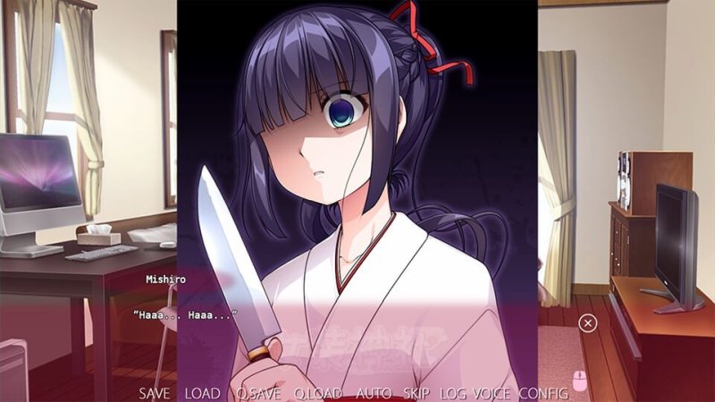 Scena anime in interno con un personaggio illustrato di un santuario.