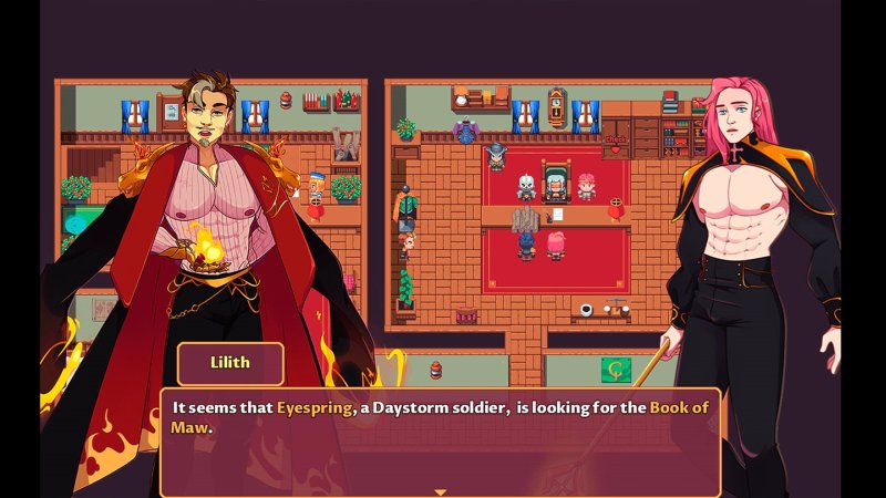 Due personaggi parlano in una taverna fantasy con finestra di dialogo.
