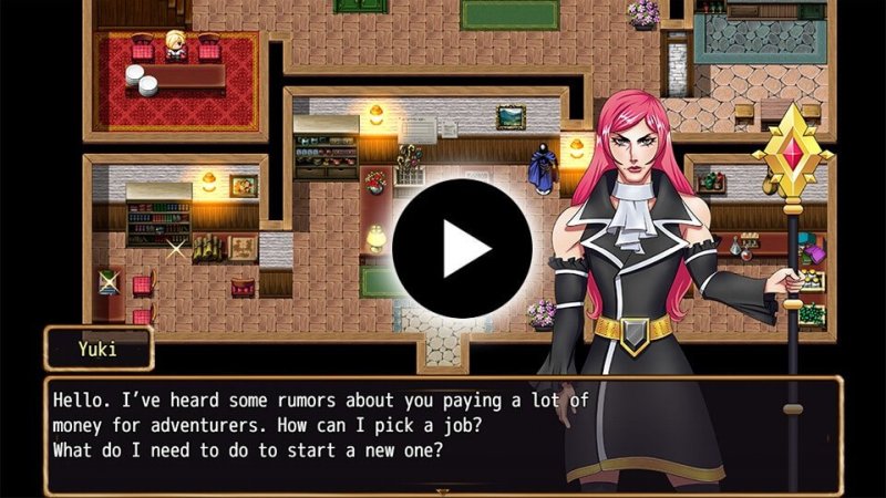 Interno di un RPG visto dall'alto con ritratto di personaggio e dialogo narrativo.